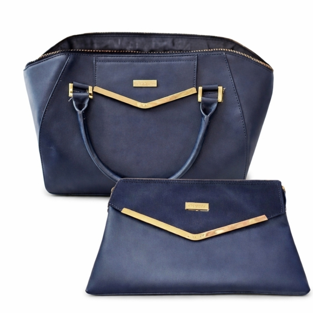 NWOT Joy & Iman Matching Satchel + Clutch Set – Navy Blue w/ Gold Hardware